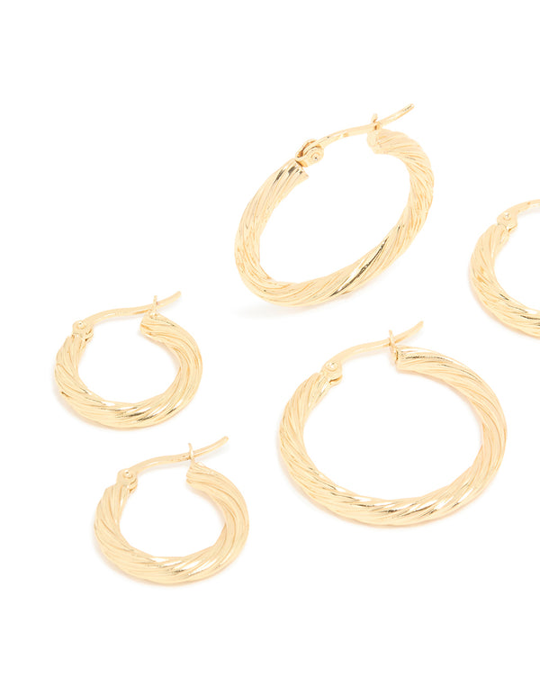 Presenting waterproof gold plated stainless steel twisted hoop earrings in a 3-pack close up view