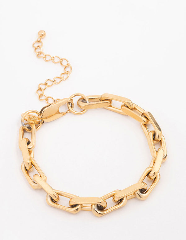 Showcasing a waterproof gold plated stainless steel link chain bracelet in chunky style front view