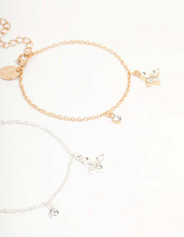 Mixed Metals Diamante Butterfly Bracelets 2-Pack