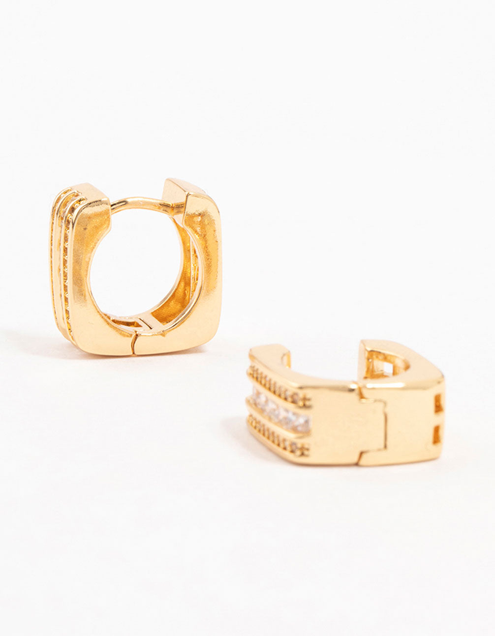 Gold Plated Trio Pave Set Diamante Square Hoop Earrings