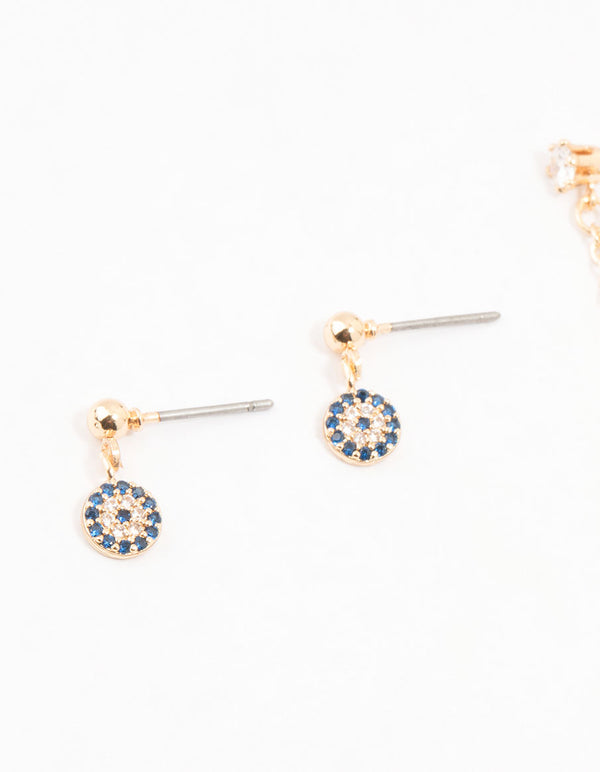 Gold Evil Eye & Hamsa Hand Chain Earrings 3-Pack