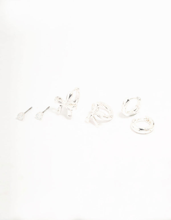Silver Plated Bow Huggie & Cubic Zirconia Stud Earrings 3-Pack