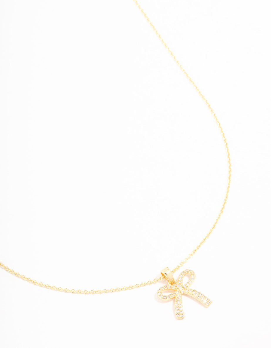 Gold Plated Pave Set Cubic Zirconia Bow Necklace