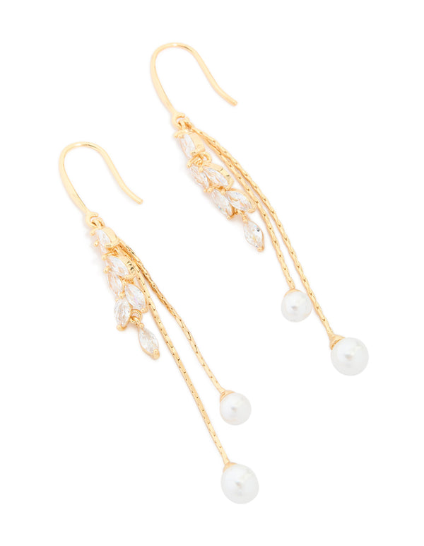 Stunning gold plated cubic zirconia pearl and leaf drop hook earrings accents front view