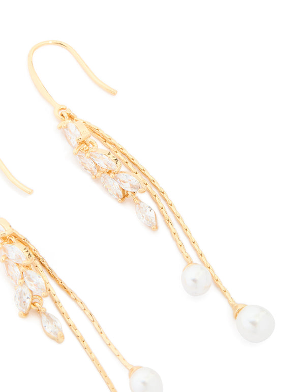 Beautifully crafted gold plated cubic zirconia pearl and leaf drop hook earrings close up view