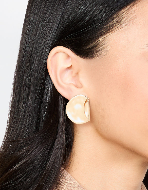 Gold Folded Molten Disc Stud Earrings