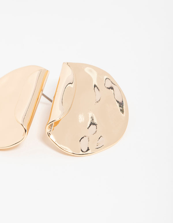 Gold Folded Molten Disc Stud Earrings