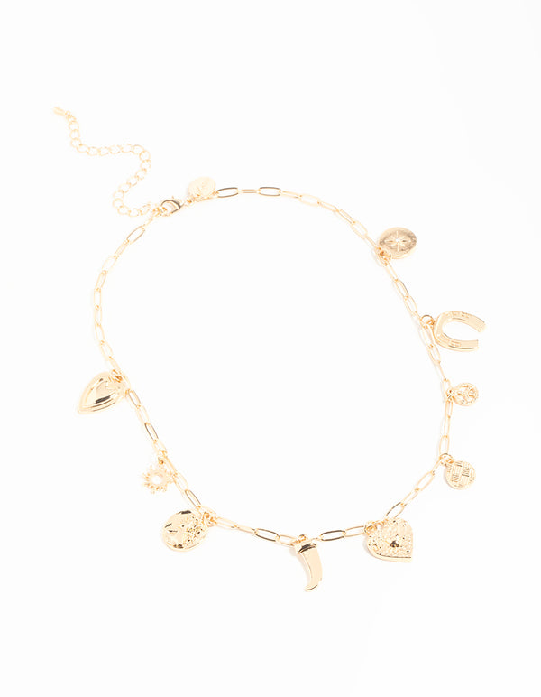 Gold Heart Celestial & Horseshoe Charm Necklace