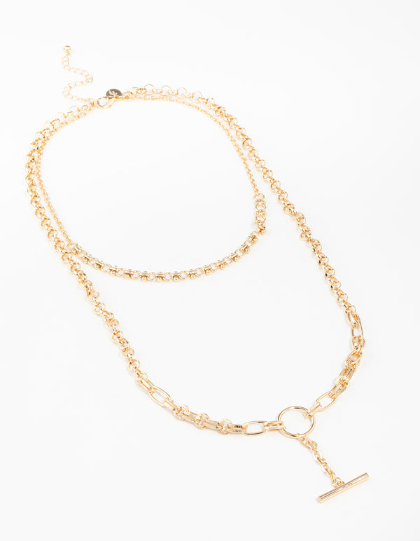 Gold Chain Barrel Layered Necklace