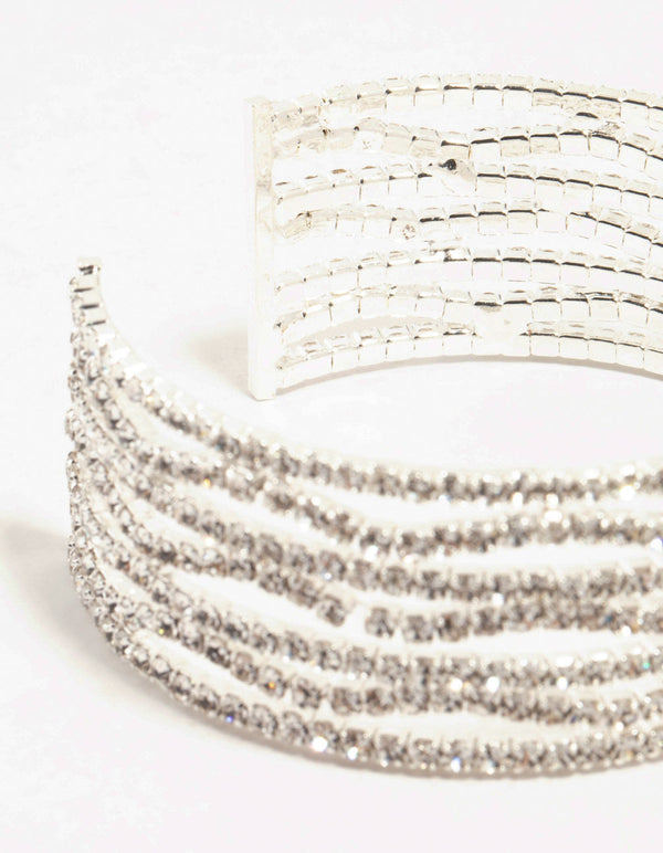 Silver Straight & Wave Diamante Wrist Cuff