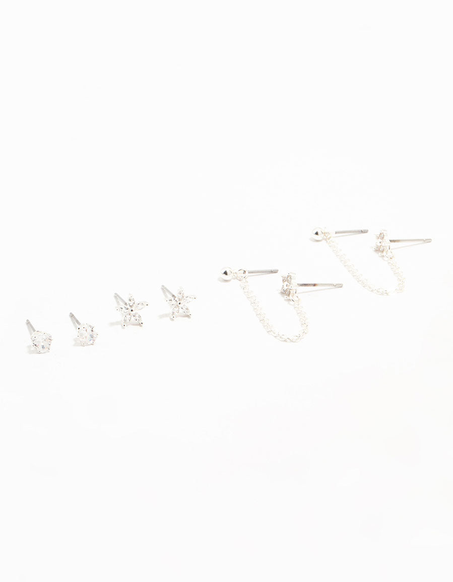 Silver Plated Brass Flower & Chain Earrings 3-Pack