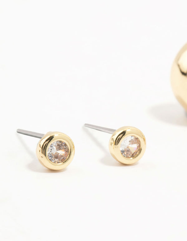 Gold Plated Brass Chunky Hoop & Cubic Zirconia Stud Earrings 3-Pack
