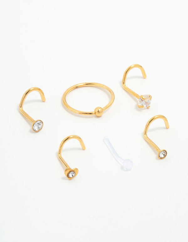 Gold Plated Titanium Mixed Cubic Zirconia Nose Piercings 6-Pack