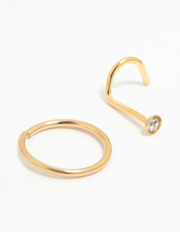 Gold Plated Titanium Corkscrew Nose Studs & Nose Ring e 3-Pack