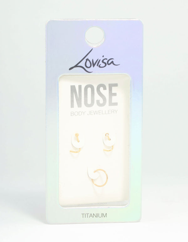 Gold Plated Titanium Corkscrew Nose Studs & Nose Ring e 3-Pack