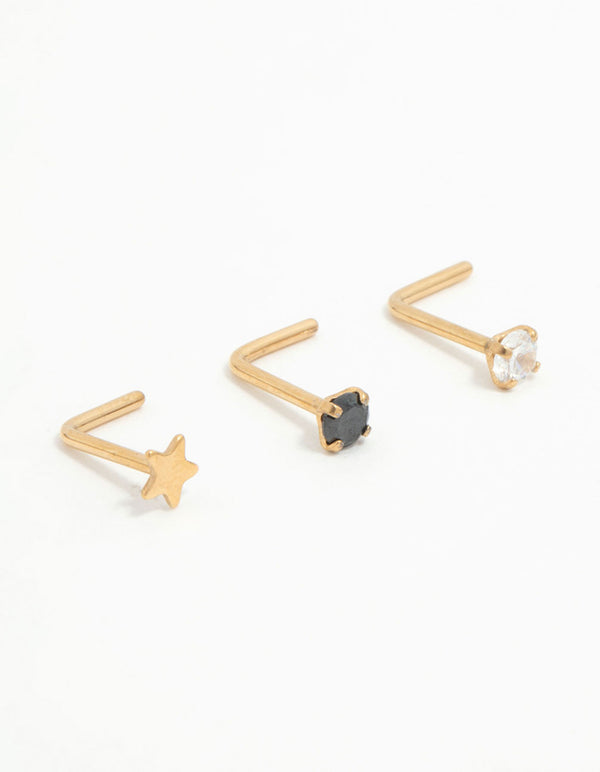 Gold Plated Titanium Star & Diamante Nose Studs 3-Pack
