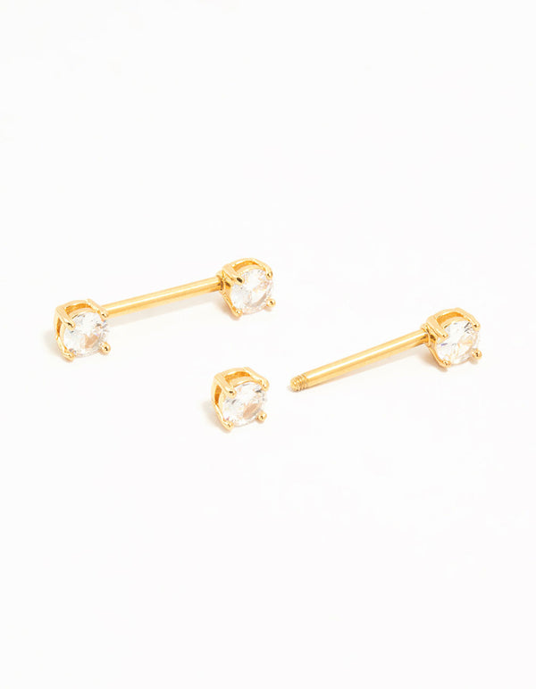 Gold Plated Titanium Round Cubic Zirconia Nipple Bars 2-Pack