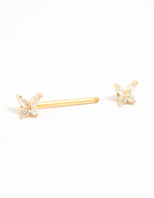 Gold Plated Titanium Cubic Zirconia Butterfly Nipple Bar