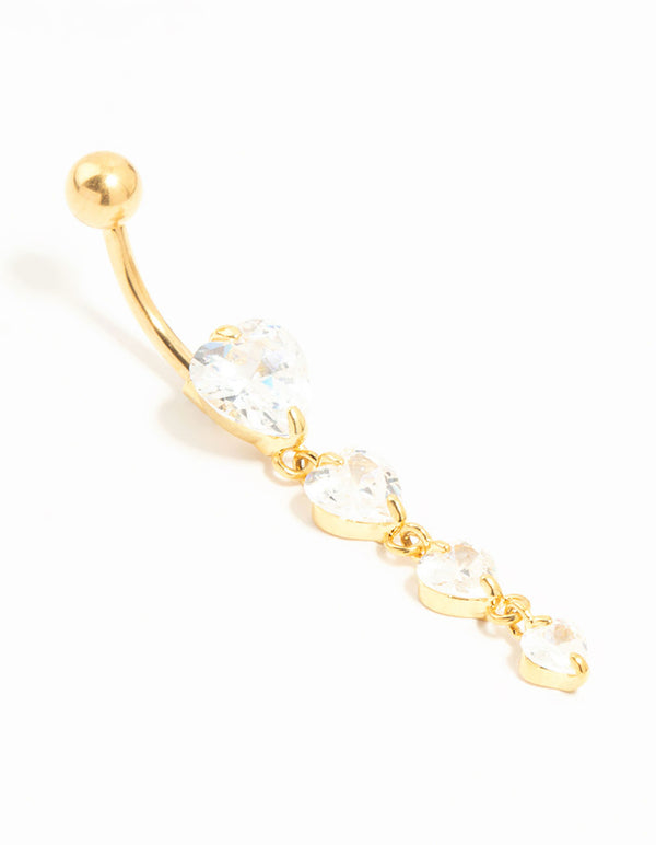 Gold Plated Titanium Graduating Cubic Zirconia Heart Drop Belly Bar
