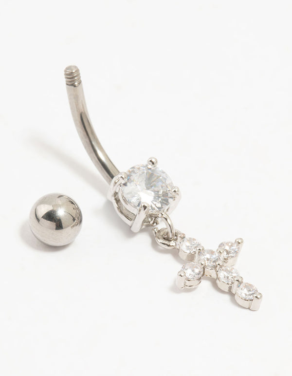 Titanium Cubic Zirconia Cross Drop Belly Bar