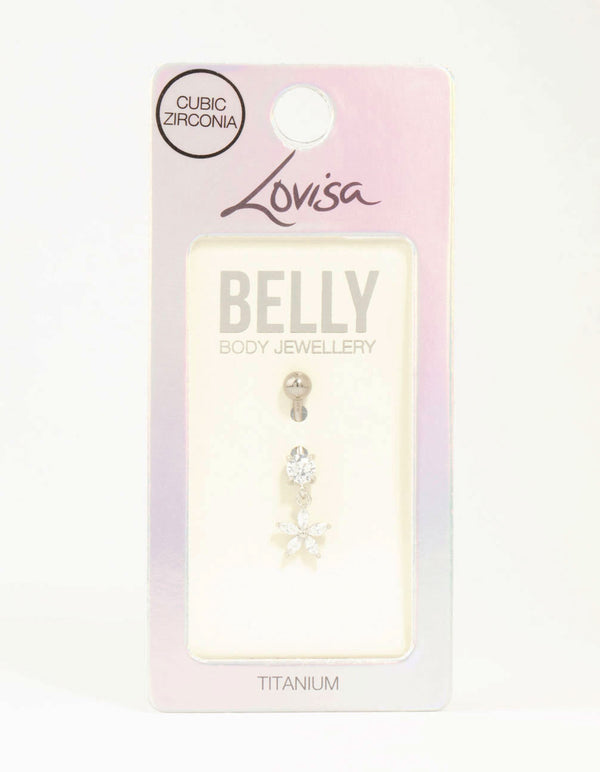 Titanium Cubic Zirconia Flower Drop Belly Bar