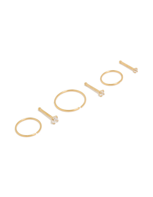 Discover gold plated titanium nose studs and rings featuring cubic zirconia with hoop closure in a 6-pack detail view