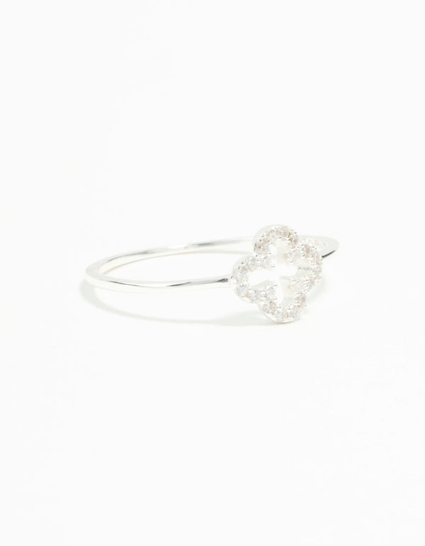 Crafted from sterling silver cubic zirconia flower ring featuring floral design in clear tone front view