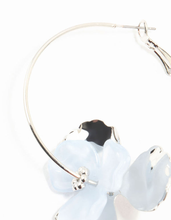 Silver & Blue Flower Hoop Drop Earrings