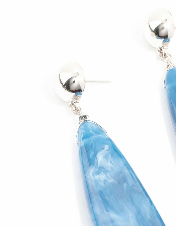 Blue Marble Long Silver Drop Earrings