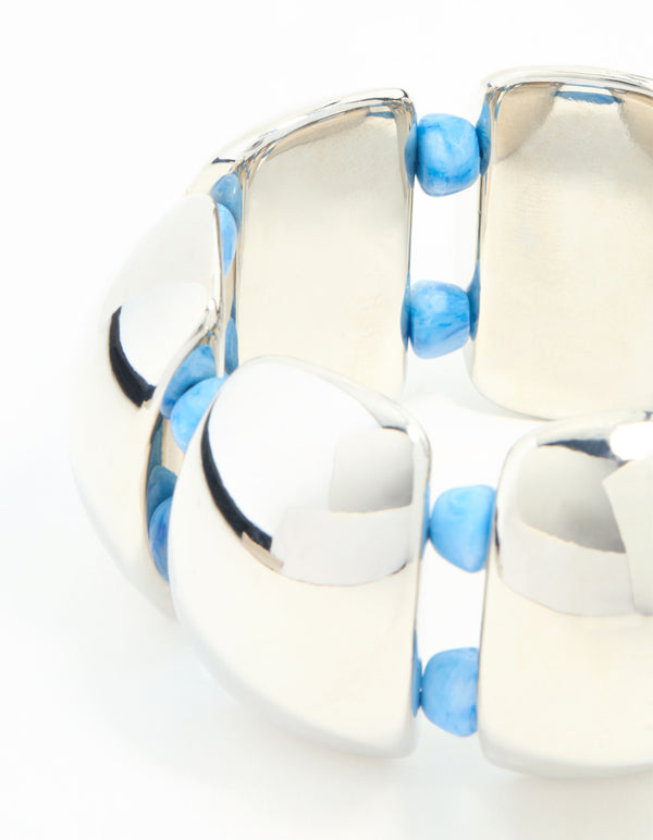 Wide Silver Blue Beads Stretch Bracelet