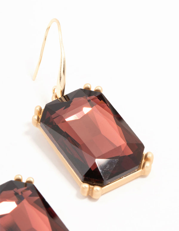 Large Baguette Cut Burgundy Diamante Drop Gold Earrings