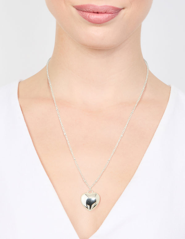 Silver Puffy Heart Ball Chain Necklace
