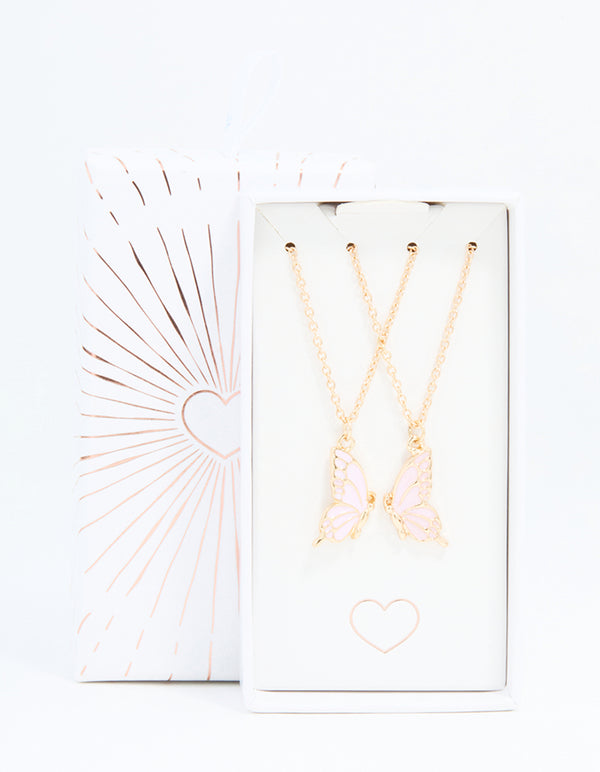 Pink Butterfly Gold Necklaces 2-Pack