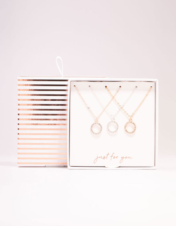 Mixed Metal Diamante Open Circle Pendant Necklaces 3-Pack