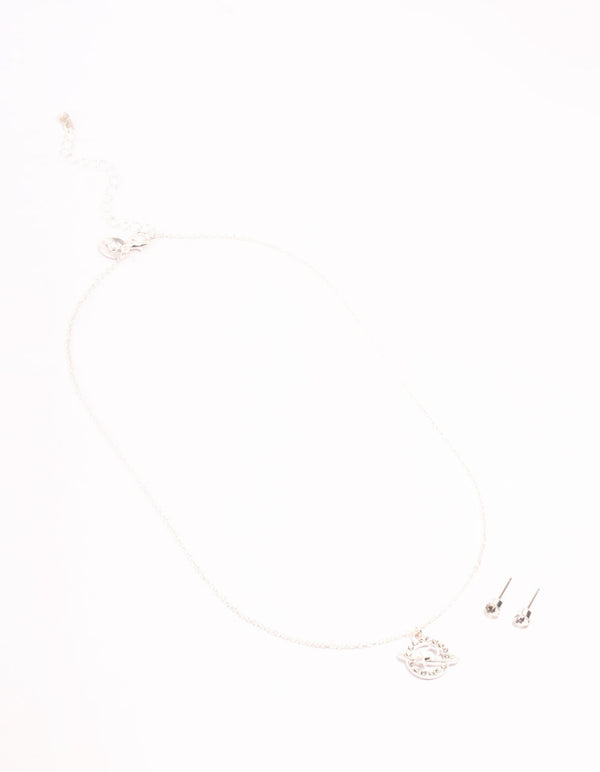 Silver Diamante Planet Necklace & Stud Earrings Set