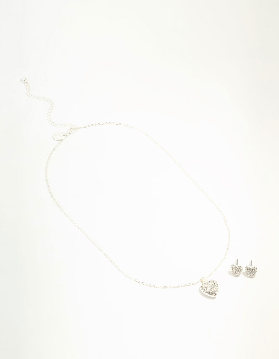 Silver Diamante Heart Necklace & Stud Earrings Set