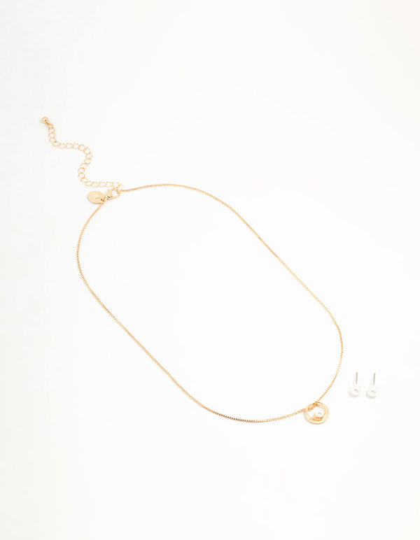 Gold Open Circle Necklace & Pearl Stud Earrings
