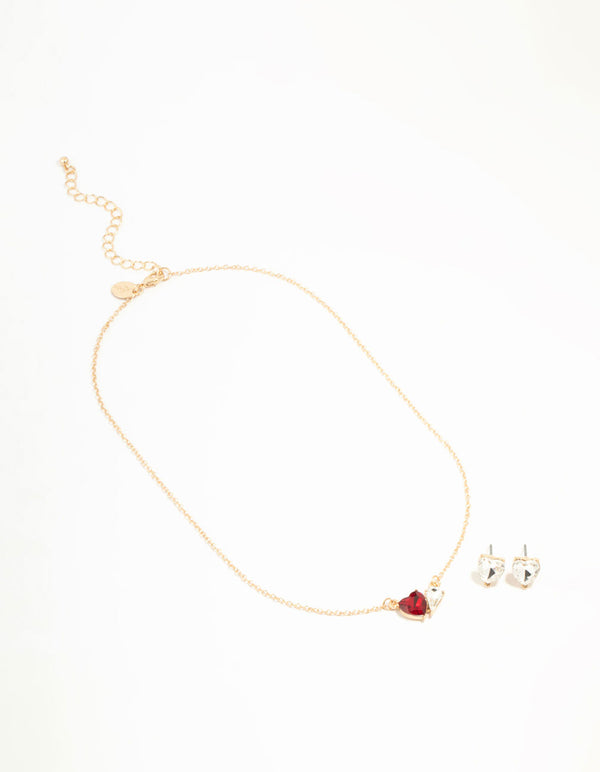 Red Diamante Heart Necklace & Stud Earrings Set