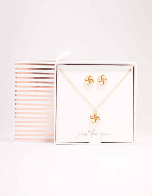 Gold Knotted Necklace & Stud Earrings Set