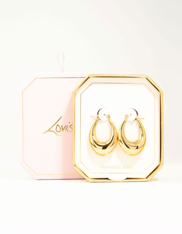 Waterproof Gold Plated Stainless Steel Long Graduating Oval Hoop Earrings
