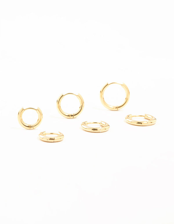 Waterproof Gold Plated Stainless Steel Basic Graduating Hoop Earrings 3-Pack