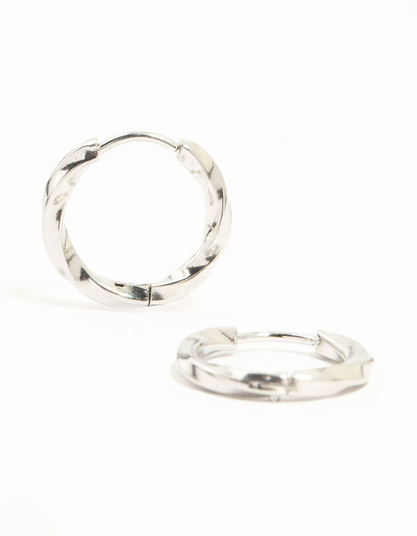 Showcasing waterproof stainless steel twisted hoop earrings in silver front view