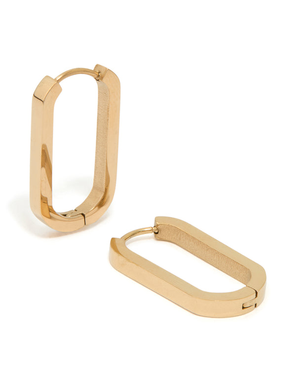 Featuring waterproof gold plated stainless steel oblong hoop earrings in gold front view