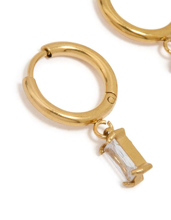 Waterproof Gold Plated Stainless Steel Baguette Diamante Huggie Earrings