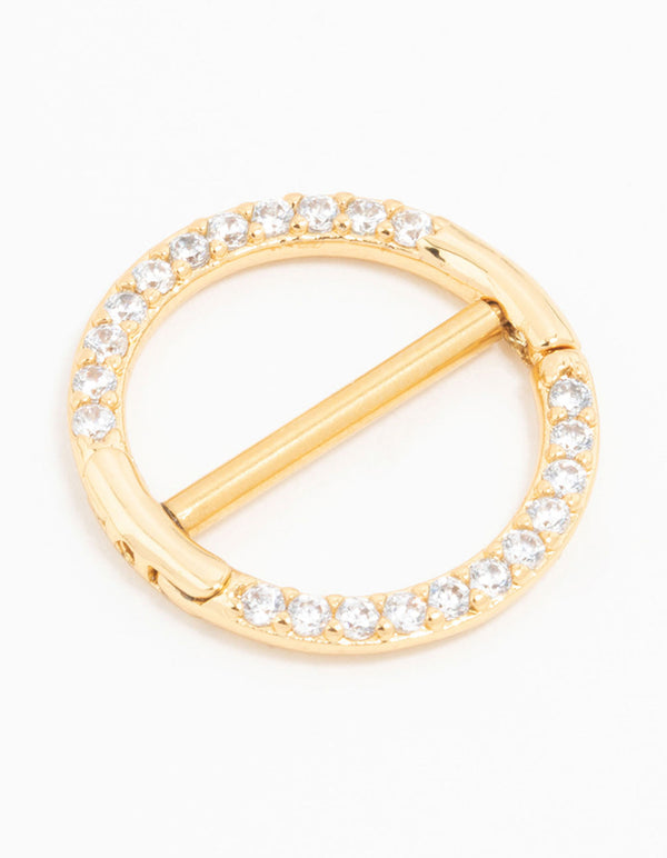 Gold Plated Surgical Steel Pave Cubic Zirconia Hoop Nipple Ring