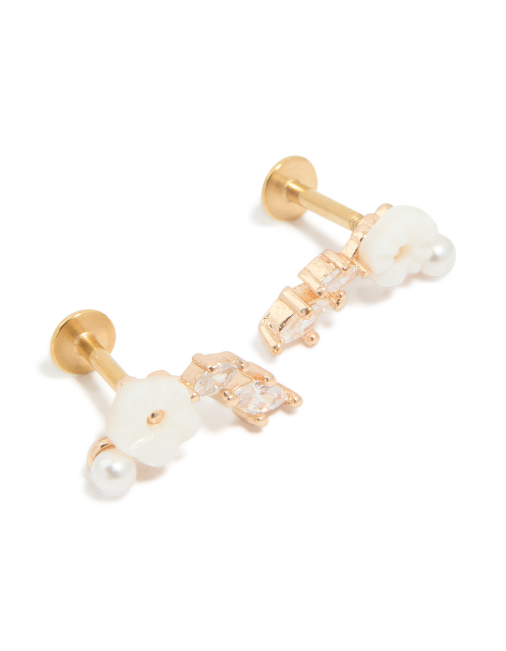 Showcasing crawler style surgical flat back studs crafted from gold plated material with floral and pearl accents front view