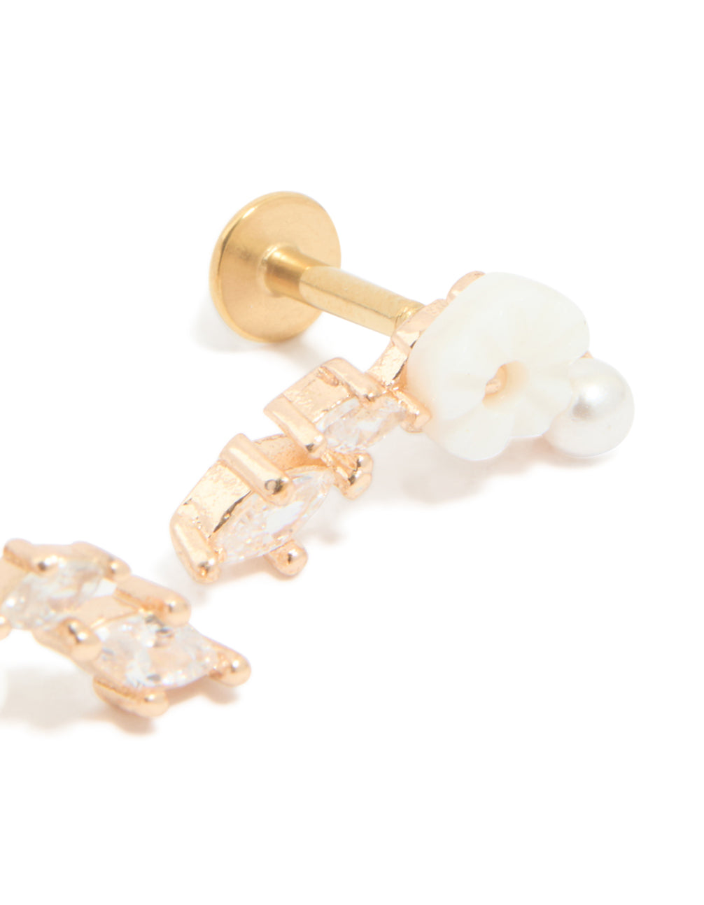 Designed with crawler style surgical flat back studs in gold plated material featuring floral and pearl accents post detail view