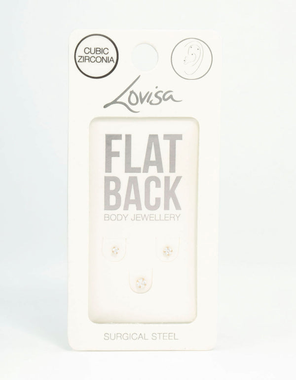 Gold Plated Surgical Steel Classic Cubic Zirconia Flat Backs 3-Pack
