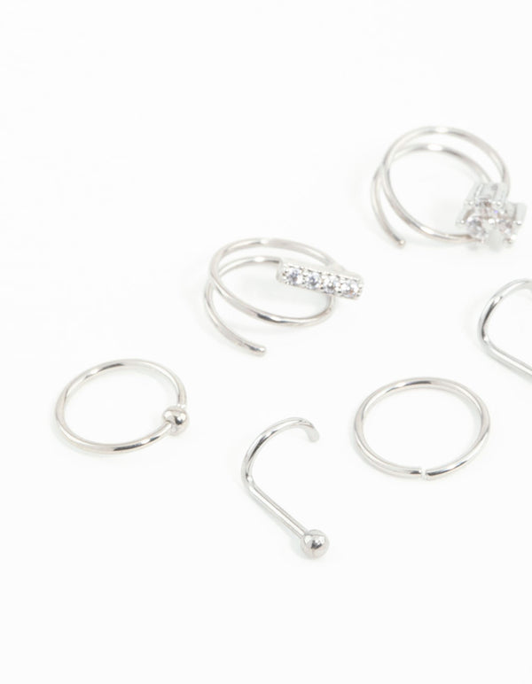 Surgical Steel Cubic Zirconia Bar & Spiral Nose Piercing 6-Pack