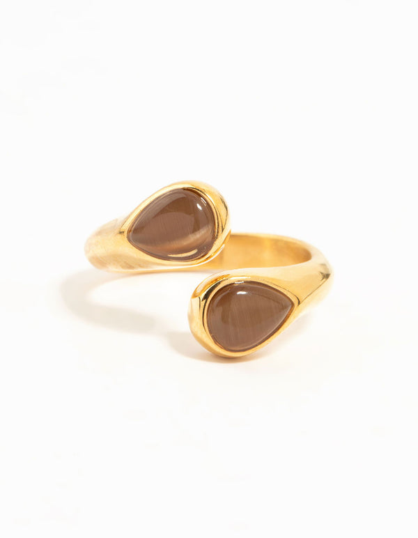 Waterproof Gold Plated Stainless Steel Double Pear Stone Ring